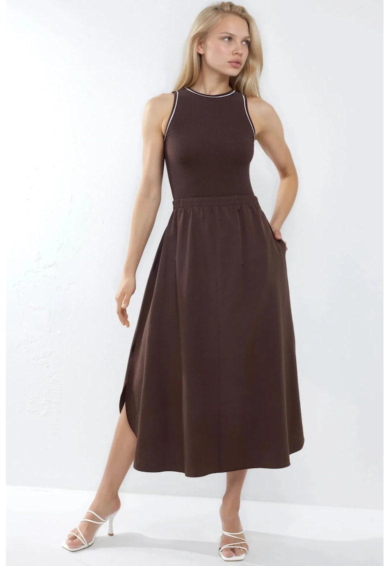 Rochie Midi Fara Maneci Nervuri - Guler Rotund - Maro - Viscoza-Elastan