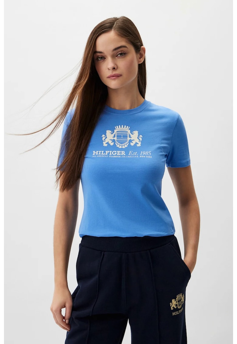 Tricou cu imprimeu logo si decolteu la baza gatului