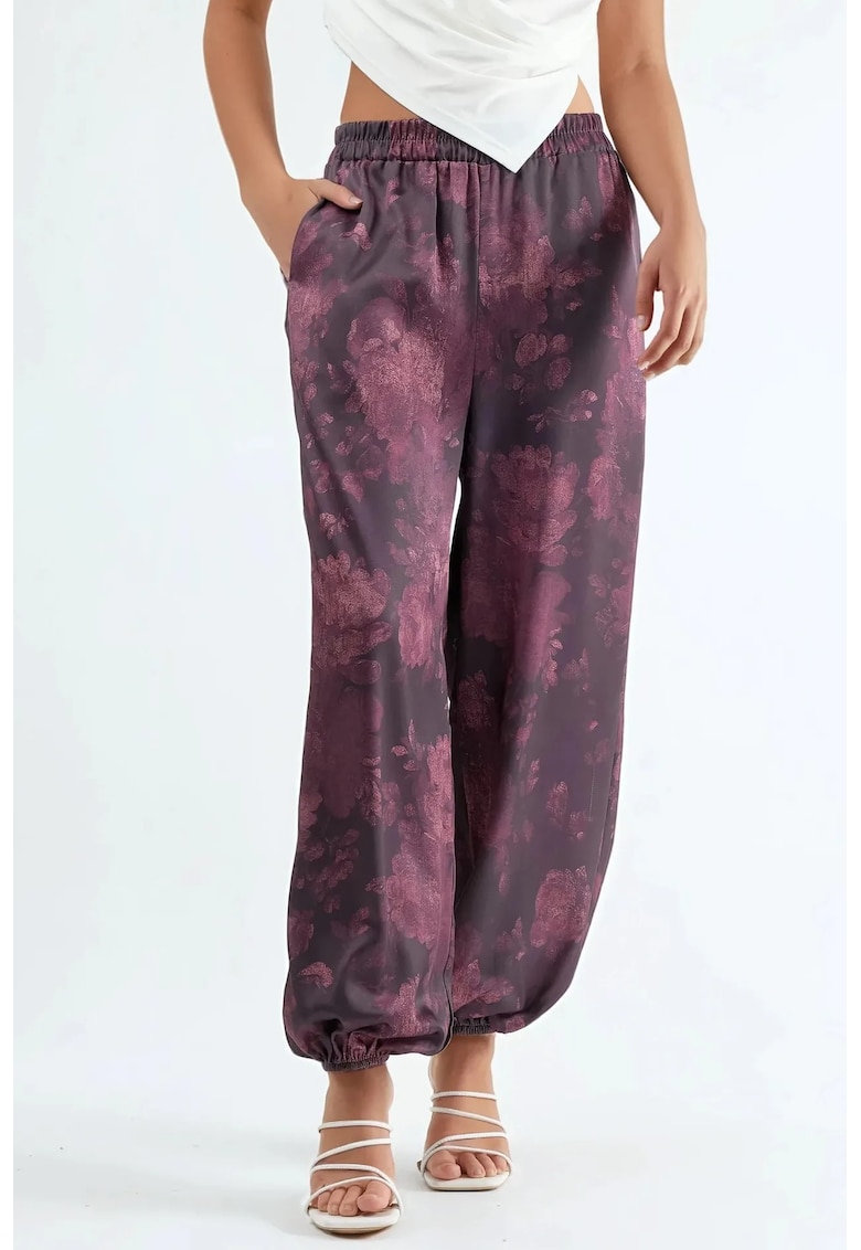 Pantaloni dama - largi - cu elastic si buzunare - rosu - textil