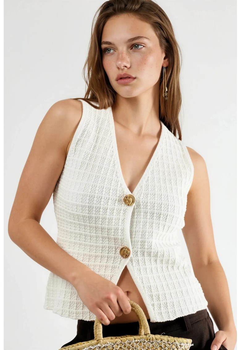 Vesta tricotata dama - texturat - alb prafuit - 80% bumbac - 20% poliester -