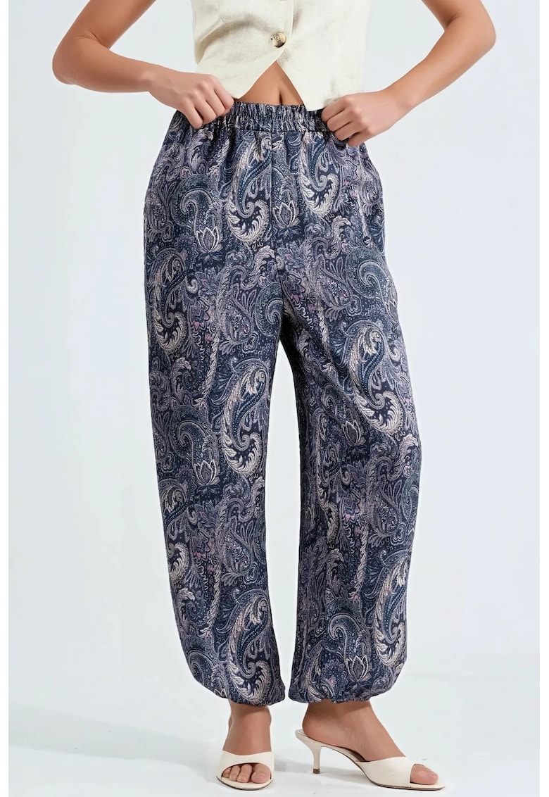 Pantaloni dama - imprimeu floral - bleumarin - textil