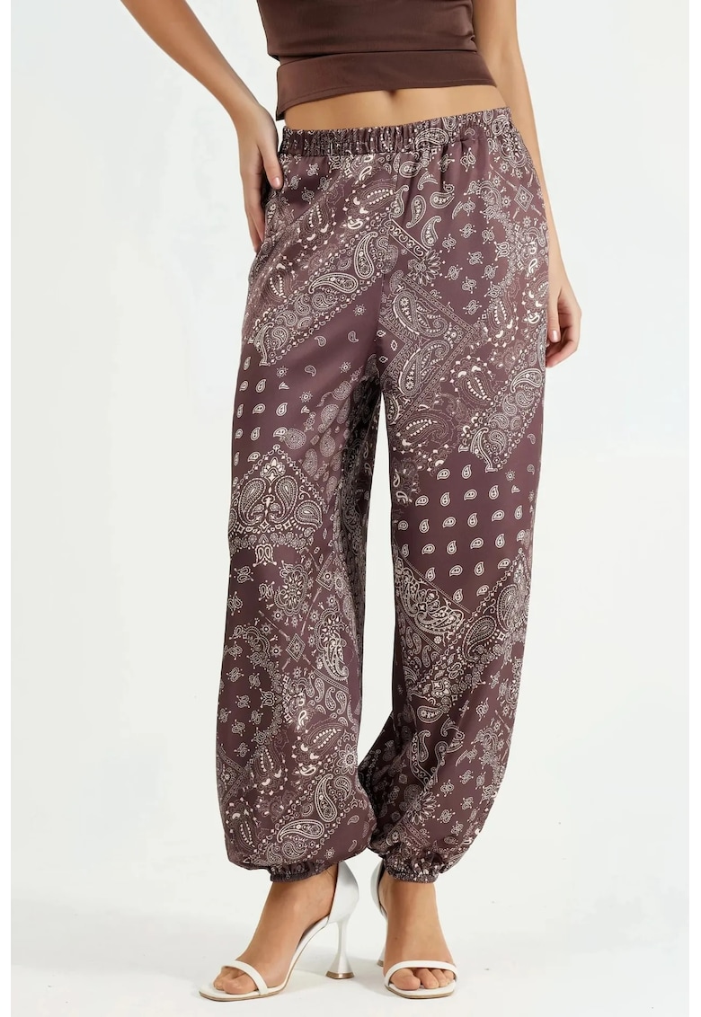 Pantaloni dama - imprimeu floral - maro cafea - textil