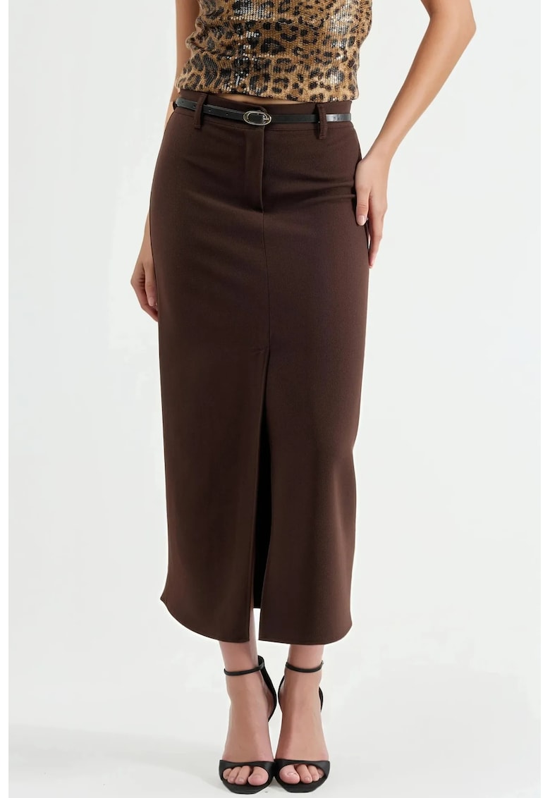 Fusta creion midi talie inalta - maro inchis - textil