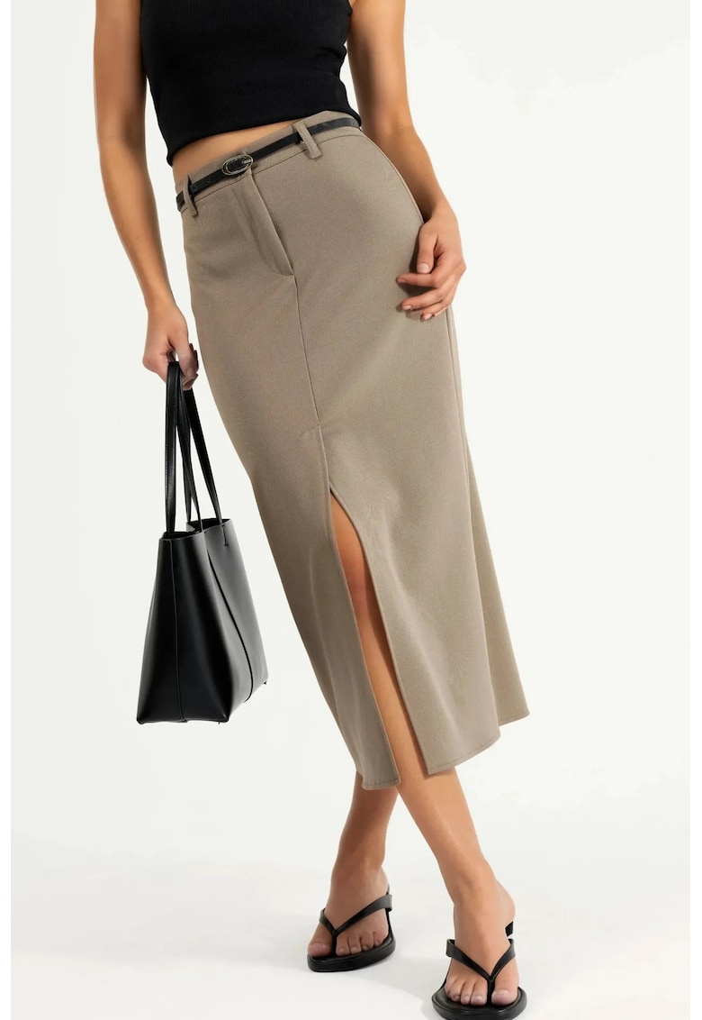 Fusta midi - talie inalta - maro - textil