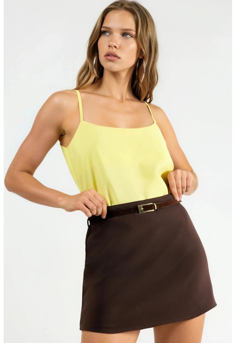 Fusta mini cu talie inalta - maro - textil