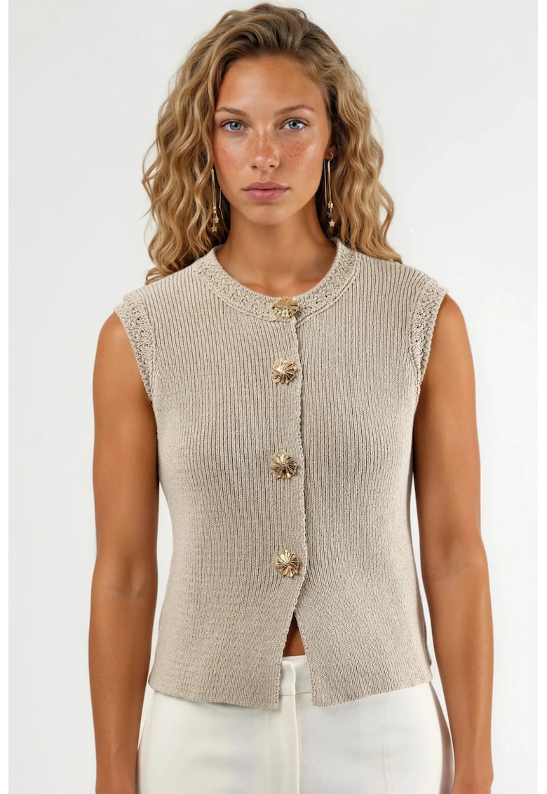 Top dama guler rotund - gri - tricot -