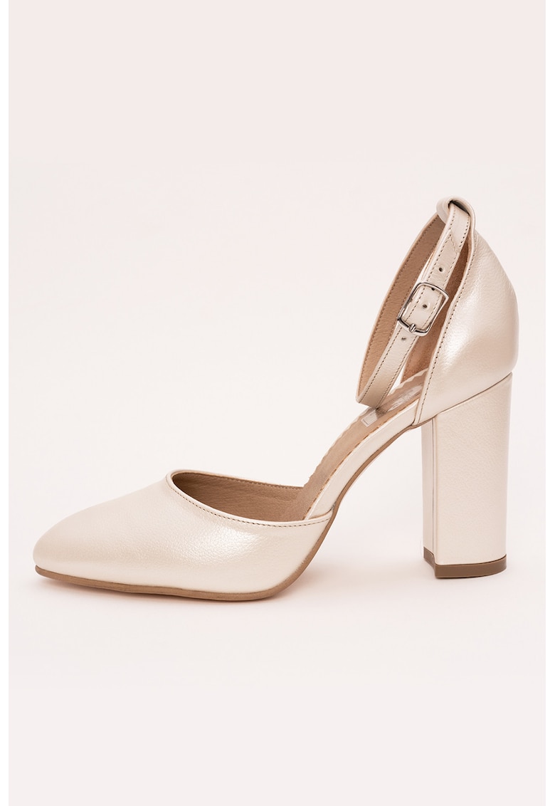 Pantofi din piele cu bareta pe glezna si toc masiv - Crem