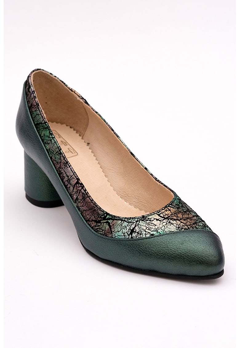Pantofi din piele cu toc masiv - Verde feriga