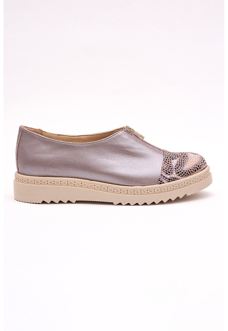 Pantofi wedge din piele cu fermoar - Bej/Roz prafuit