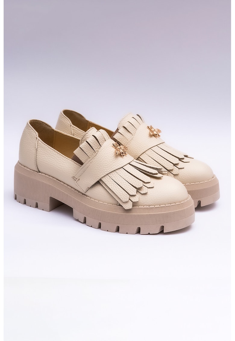 Pantofi loafer din piele cu franjuri - Bej