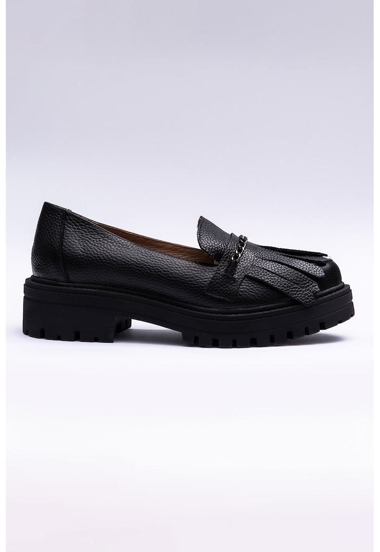Pantofi loafer din piele cu franjuri - Negru
