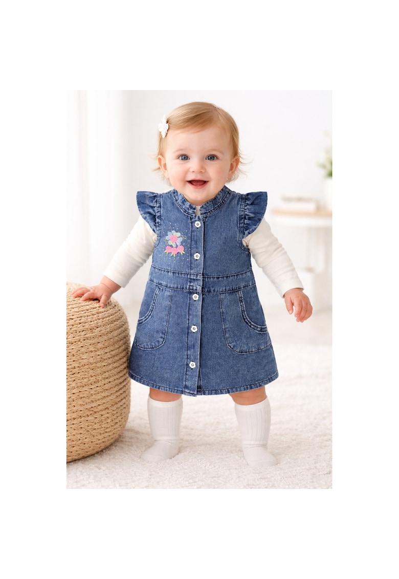 Sarafan denim bebe fetita cu bluza alba si broderie florala