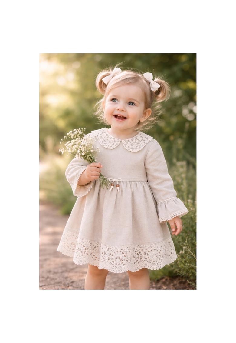 Rochie bebe fetita bej din in cu dantela si guler elegant