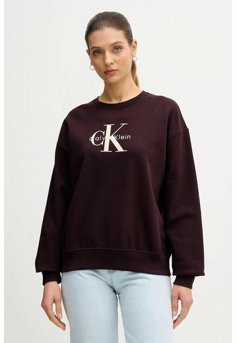 Bluza de trening cu maneci cazute si imprimeu logo - Visiniu