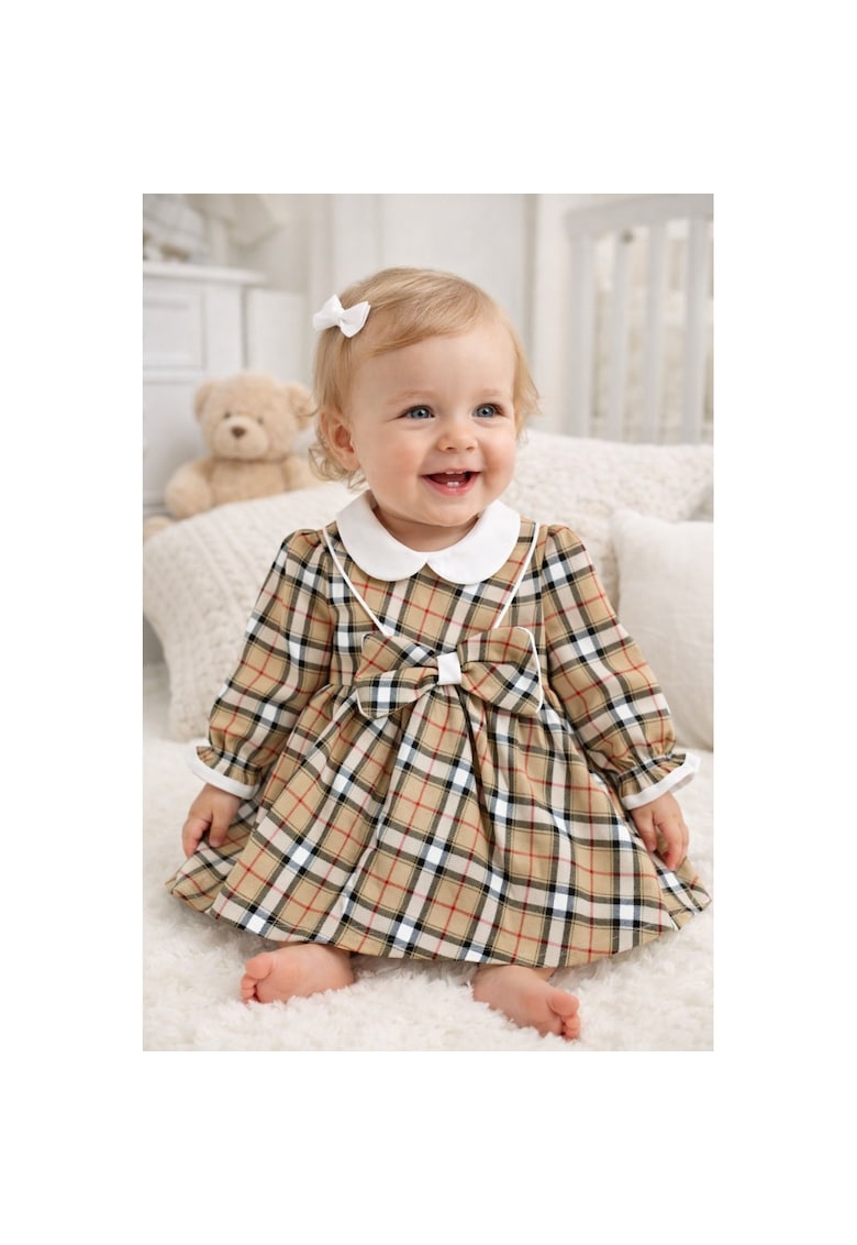 Rochie bebe fetita eleganta in carouri cu funda mare si guler alb