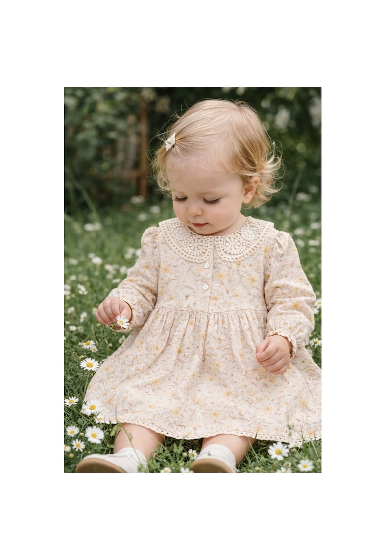 Rochie bebe fetita cu imprimeu floral si guler dantelat cu maneca lunga