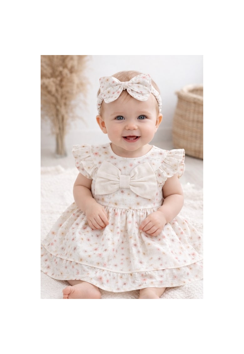 Rochie bebe fetite crem cu flori si bentita - rochita eleganta fetite