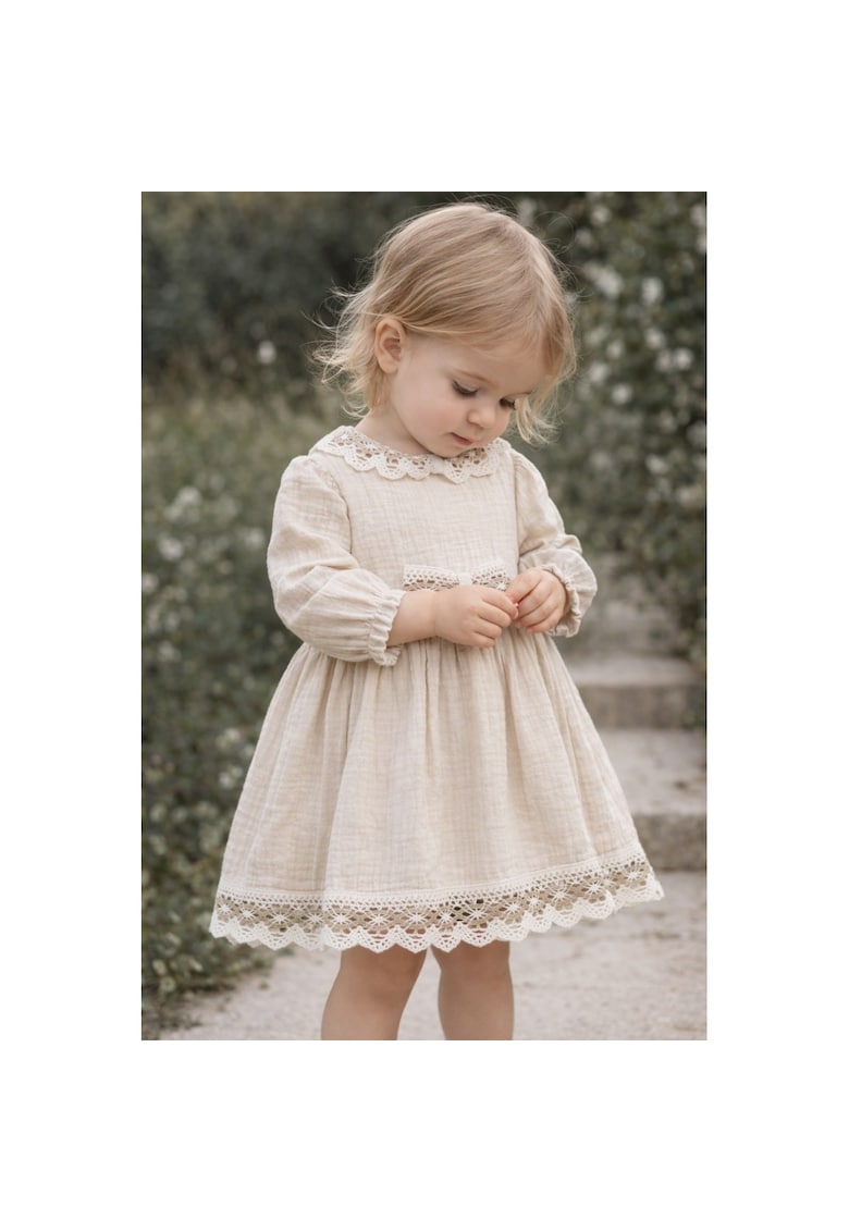 Rochie fetite muselina bej eleganta cu dantela rochie copii ocazie botez