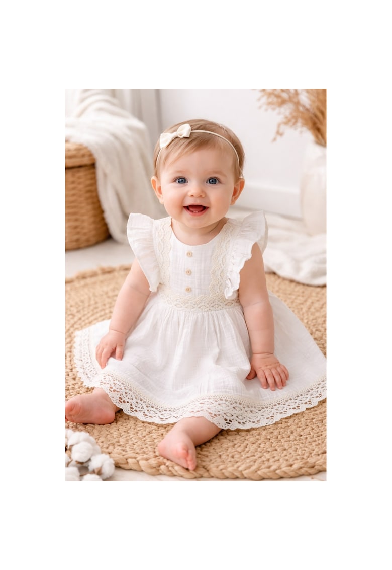 Rochita fetite muselina bumbac cu volane si dantela - rochie eleganta bebe vara