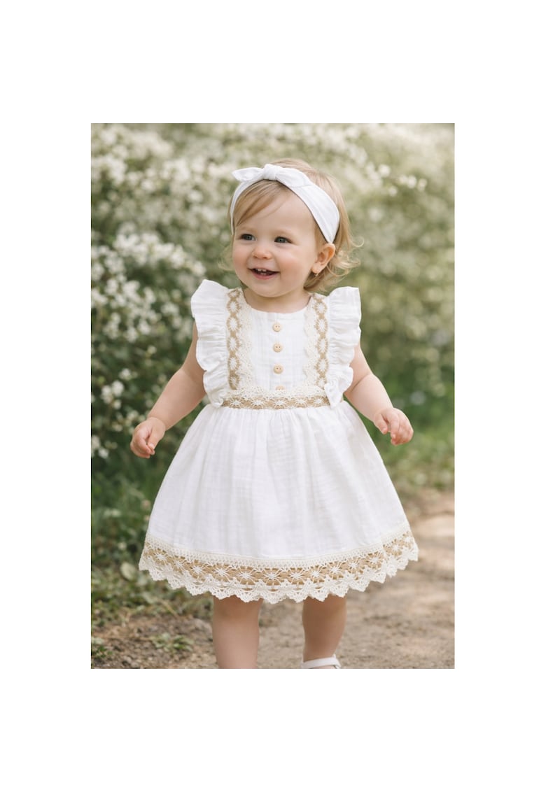 Rochita fetite muselina eleganta alba cu dantela si volanase rochie vara bebe