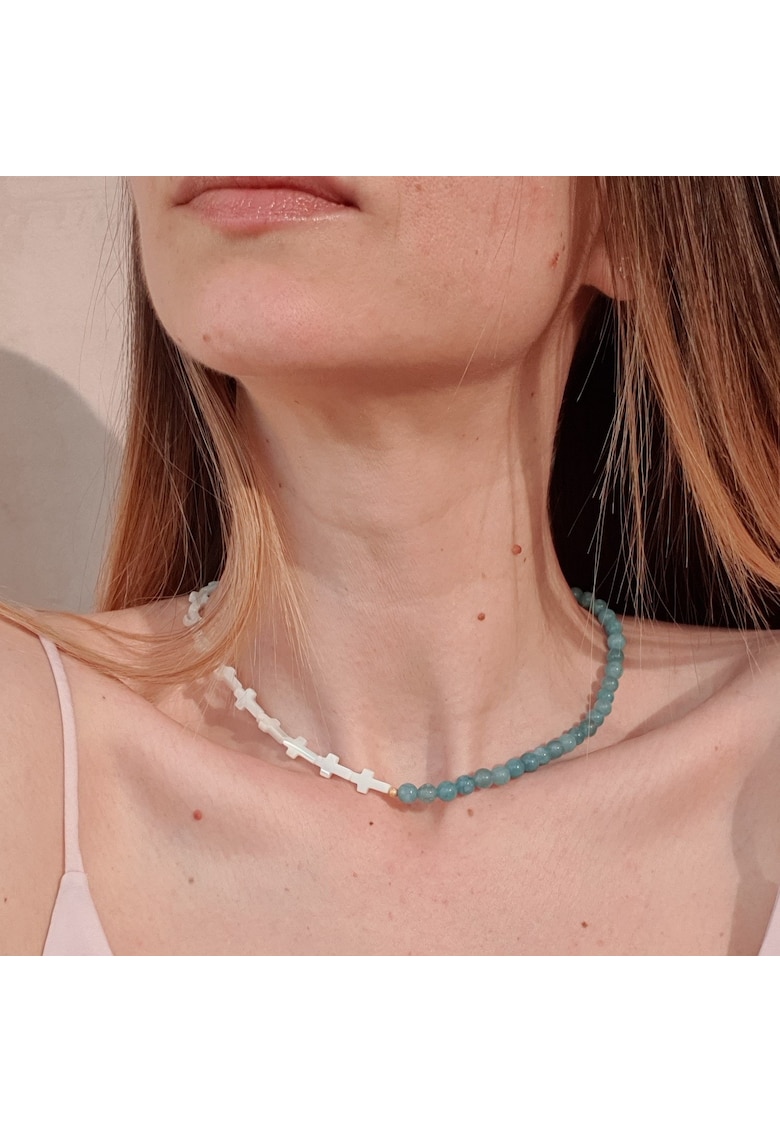 Colier din cuart albastru si cruciulite din sidef cu argint 925 placat cu aur de 14k - 41 cm
