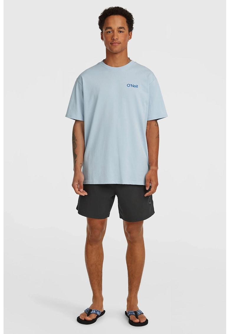 Pantaloni scurti de baie cu imprimeu logo si snur - Negru