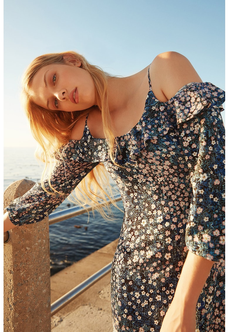 Rochie cu decolteu pe umeri si model floral - Alb/Albastru