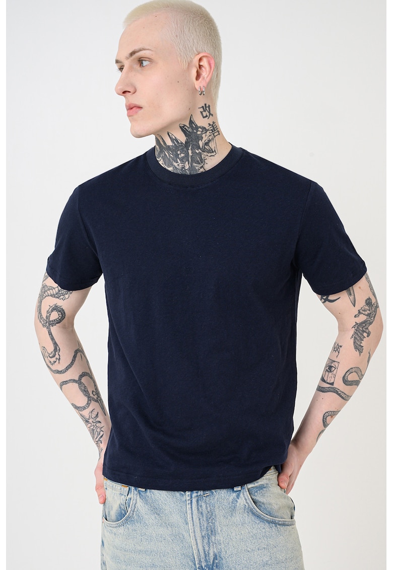 Tricou uni din in si bumbac - Bleumarin