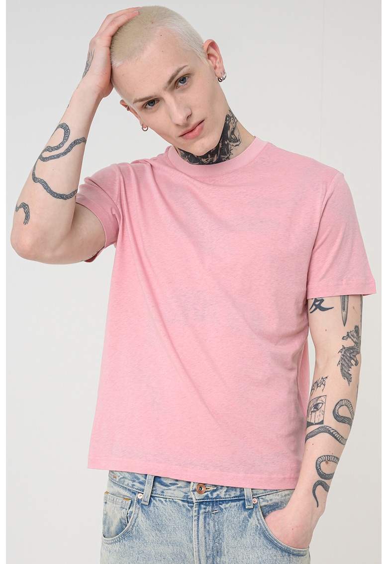 Tricou uni din in si bumbac - Roz prafuit