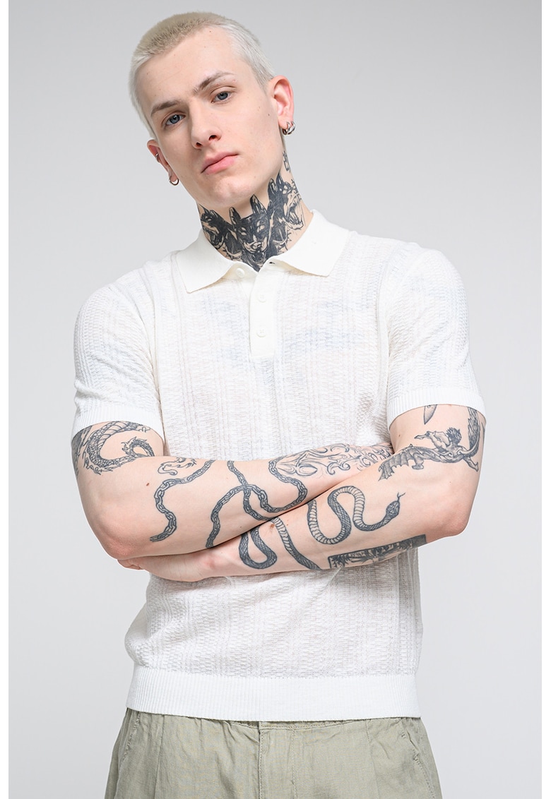 Tricou polo tricotat fin din amestec de in - Alb murdar