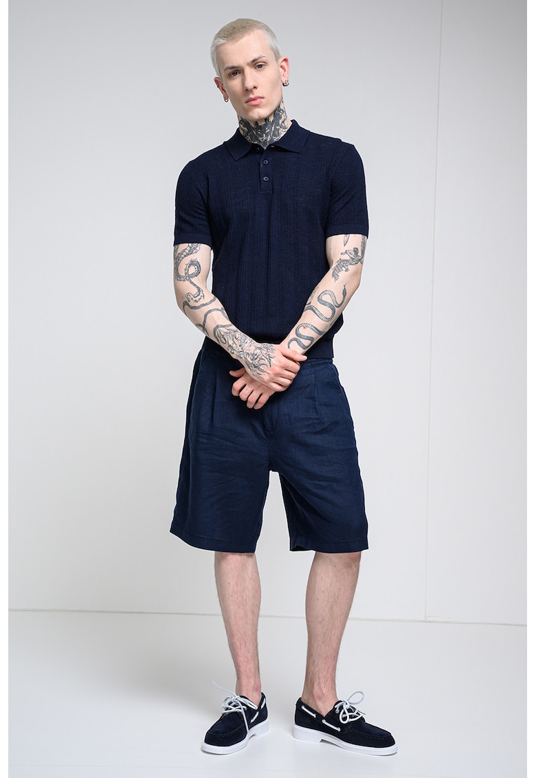 Tricou polo tricotat fin din amestec de in - Albastru ultramarin