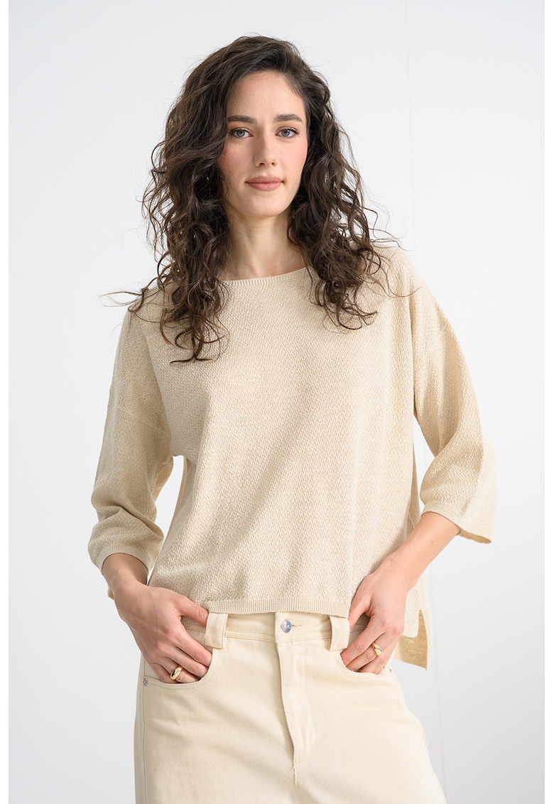 Bluza din amestec de in cu maneci trei sferturi - Crem