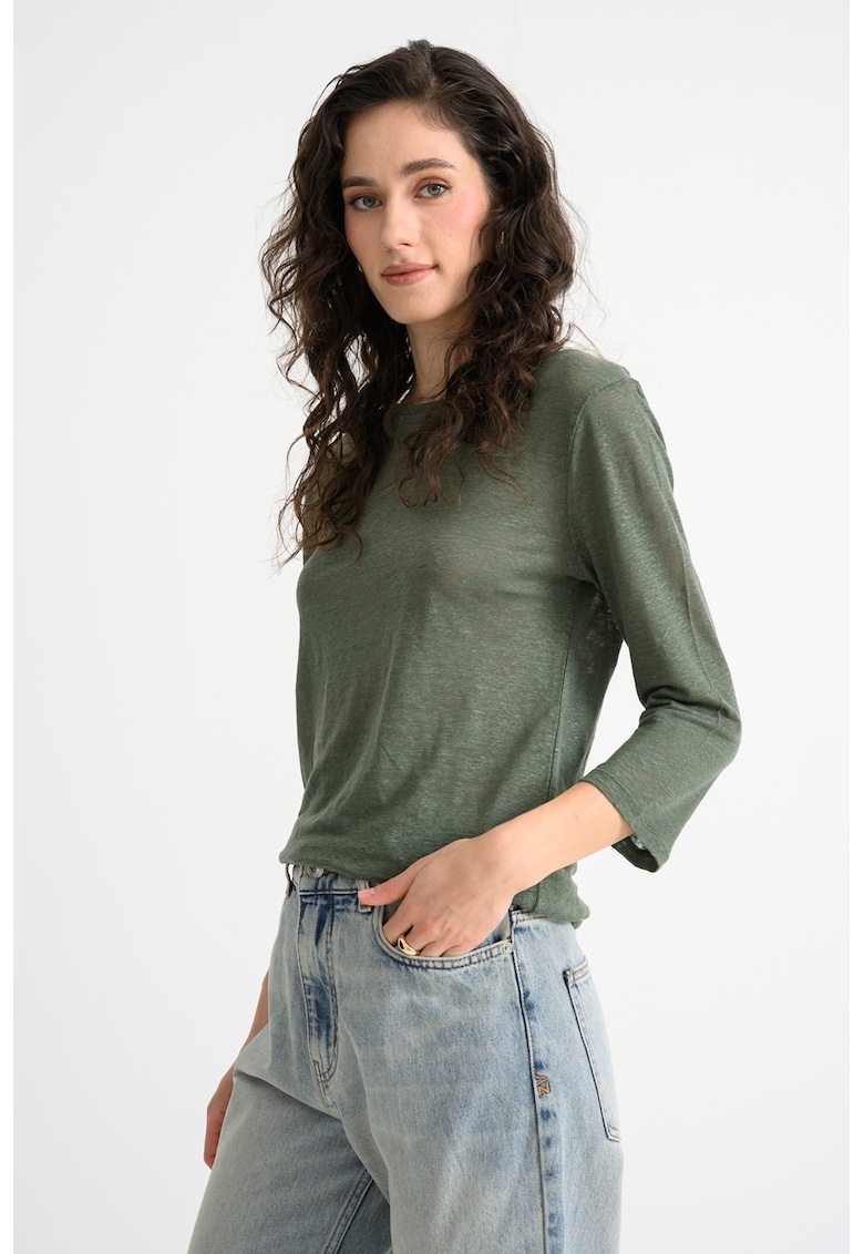 Bluza din in cu model uni - Verde feriga