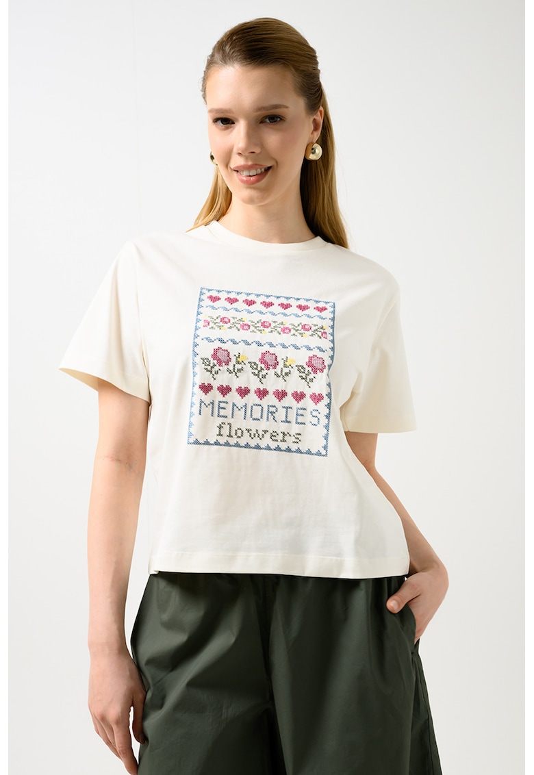 Tricou lejer din bumbac cu broderie - Crem