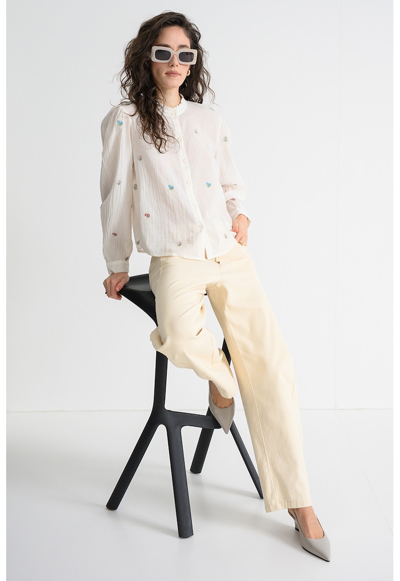 Bluza din bumbac cu broderie cu model floral - Alb