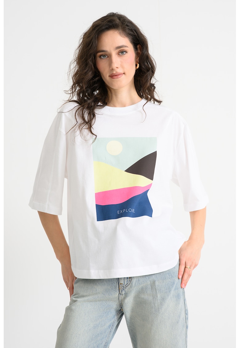 Bluza lejera cu imprimeu si maneci medii - Verde pal/Alb optic