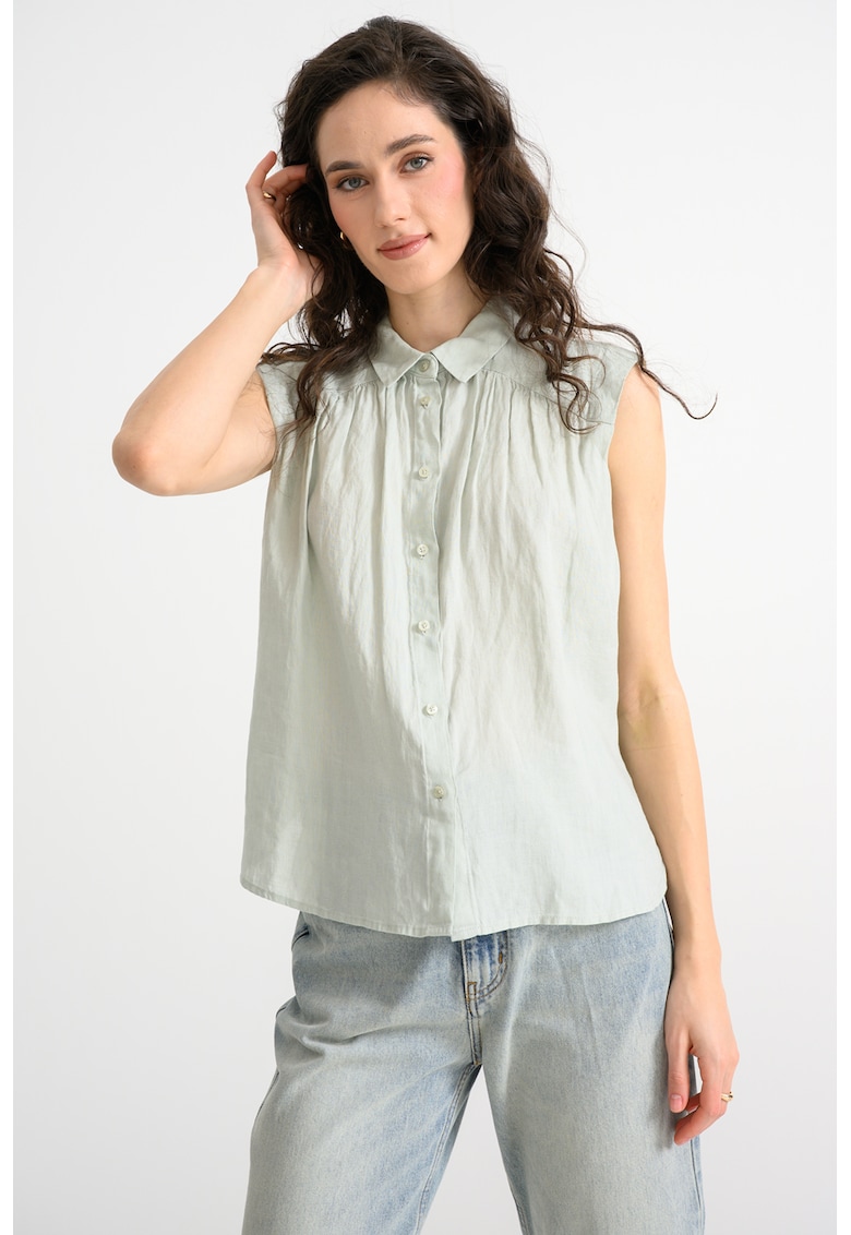 Camasa fara maneci din in cu model uni - Verde pal