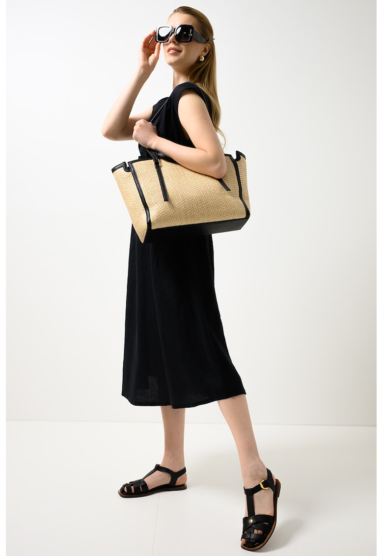 Rochie din in cu snur in talie - Negru