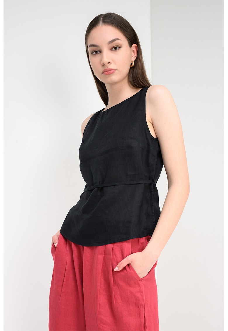 Bluza din in fara maneci cu cordon - Negru