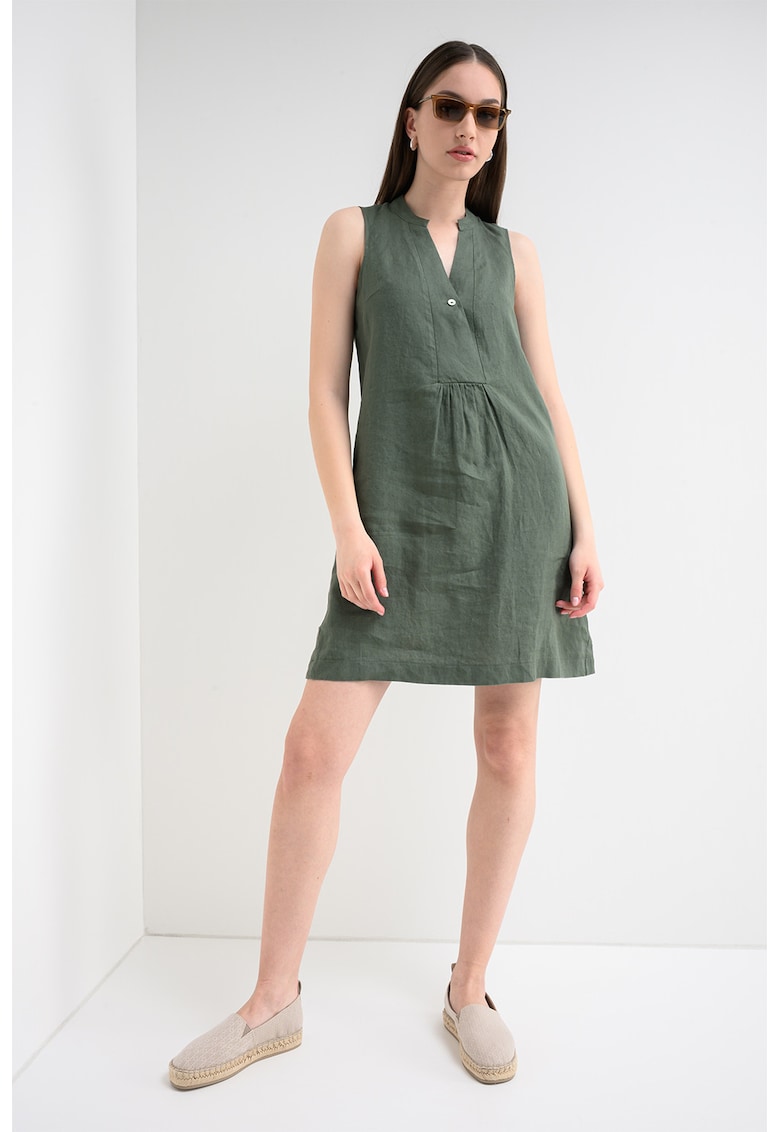 Rochie din in cu buzunare laterale - Verde feriga