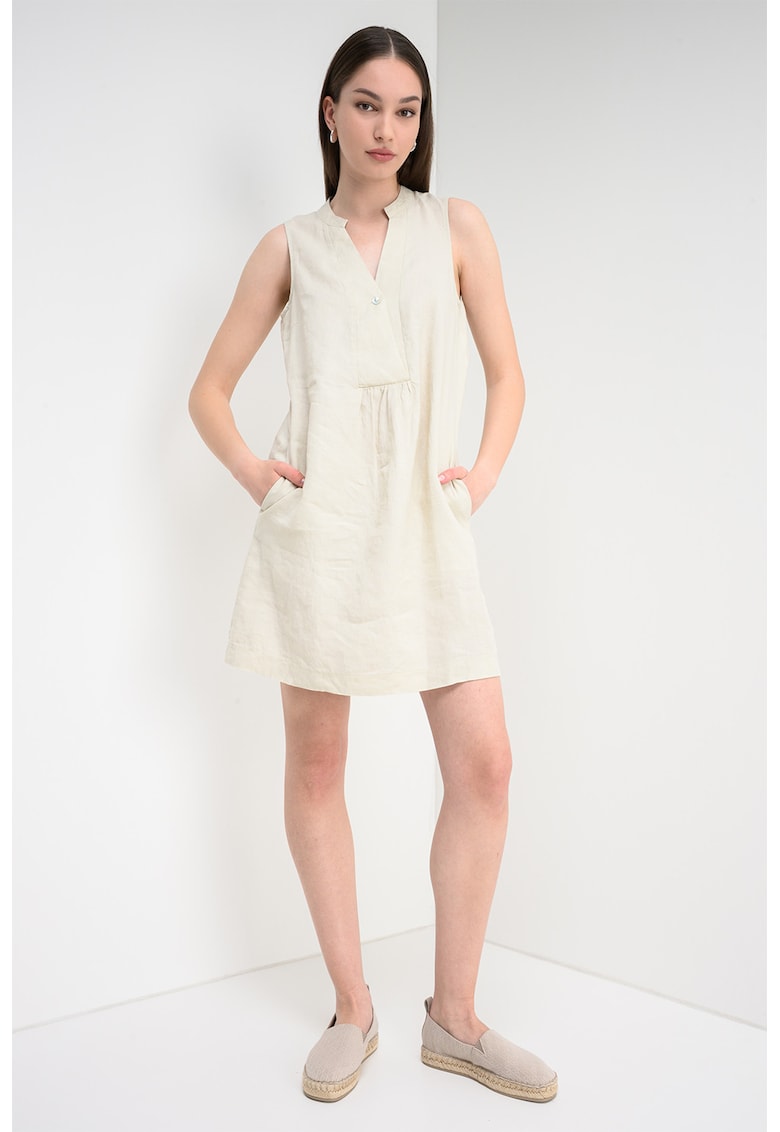 Rochie din in cu buzunare laterale - Alb fildes