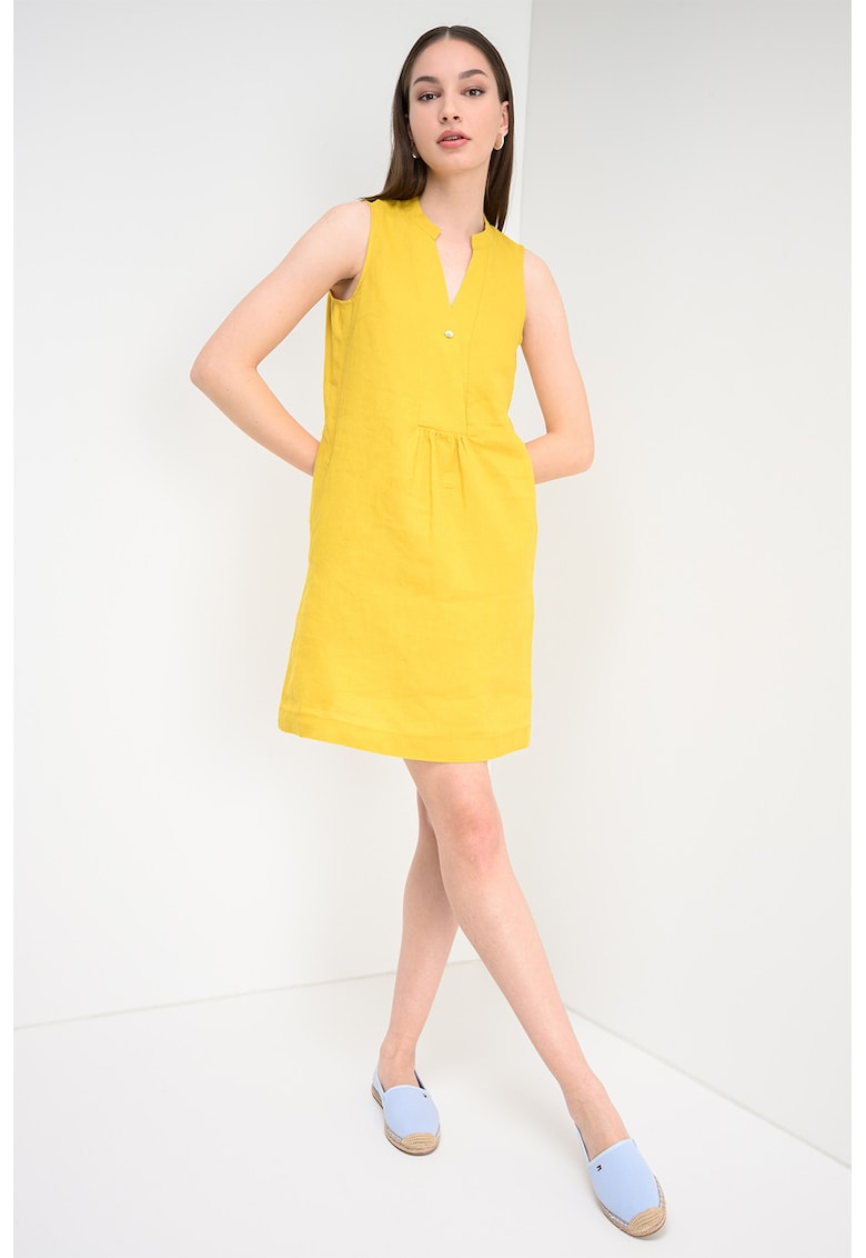 Rochie din in cu buzunare laterale - Galben sofran