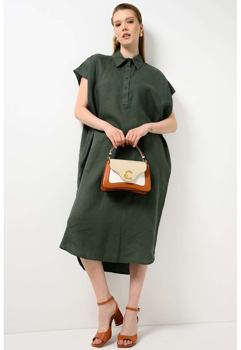 Rochie lejera din in cu croiala asimetrica si buzunare laterale - Verde inchis