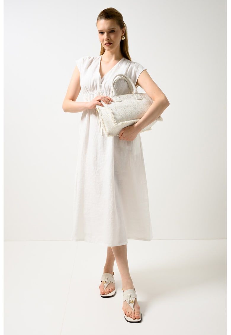 Rochie din in cu snur in talie - Alb murdar