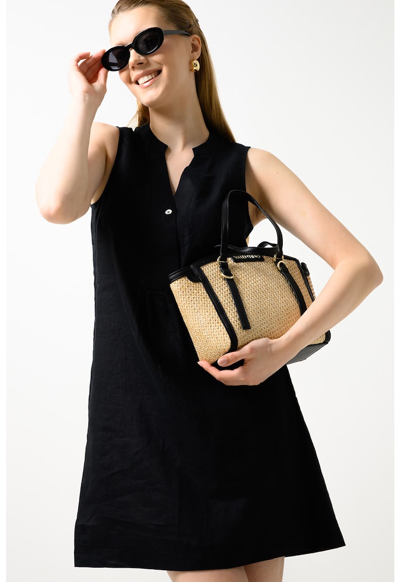 Rochie din in cu buzunare laterale - Negru
