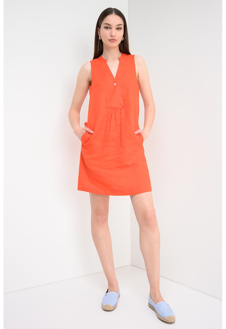 Rochie din in cu buzunare laterale - Portocaliu mandarina