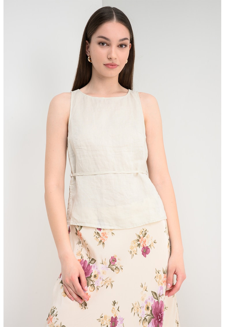 Bluza din in fara maneci cu cordon - Alb fildes