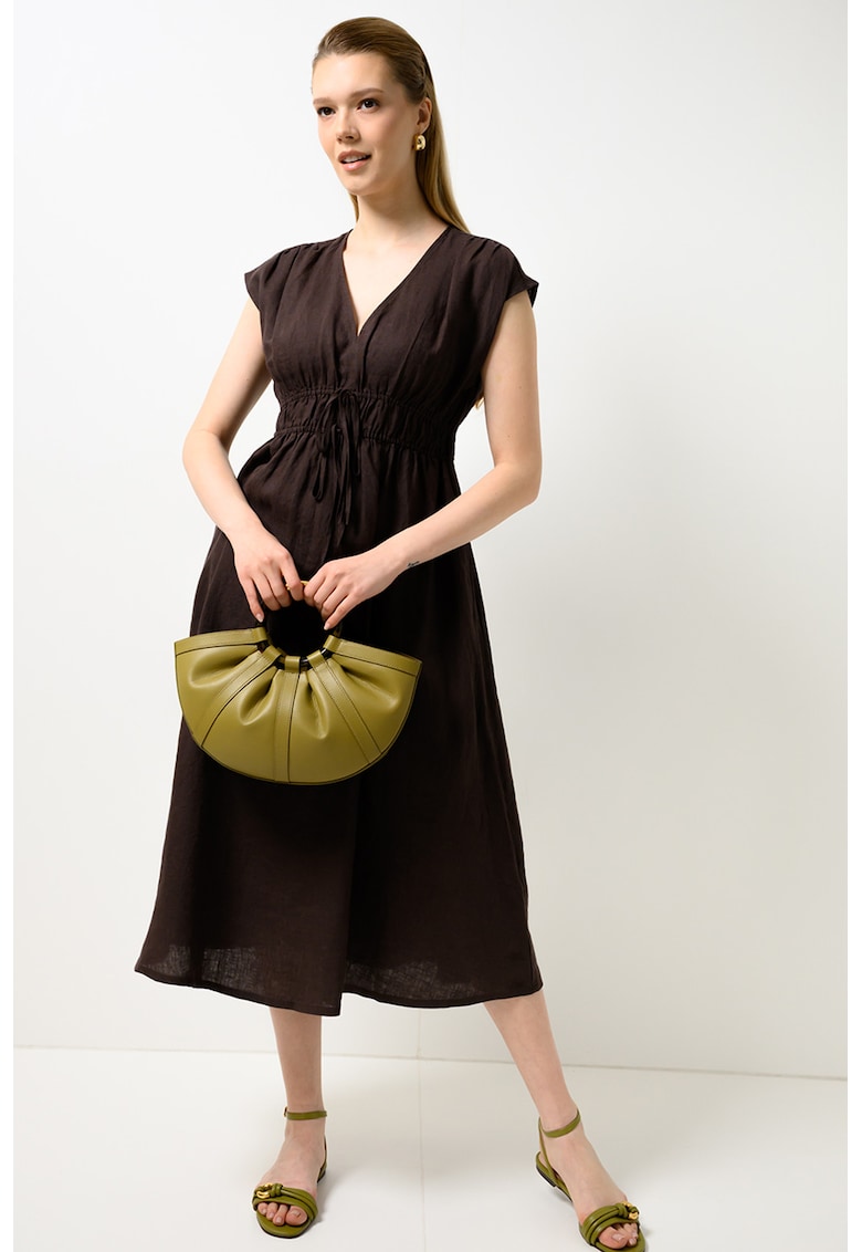 Rochie din in cu snur in talie - Maro inchis