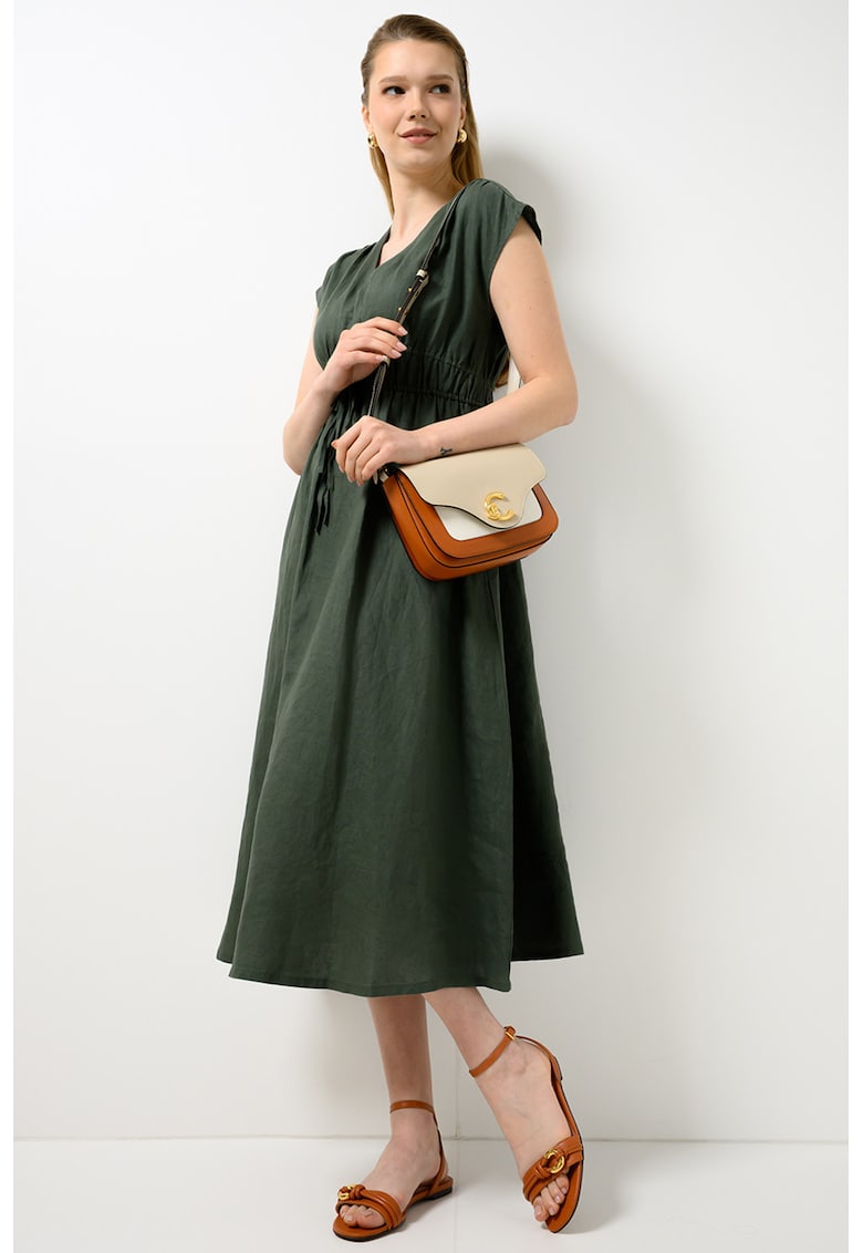 Rochie din in cu snur in talie - Verde inchis