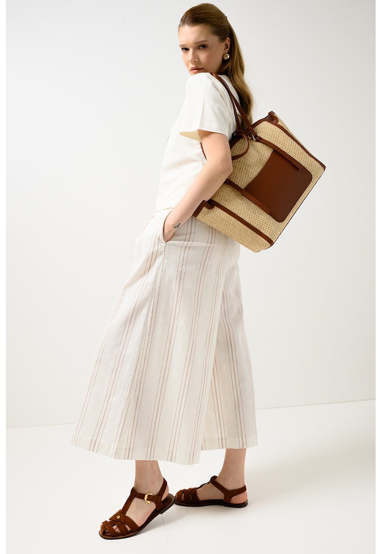 Pantaloni crop din amestec de in cu dungi - Alb murdar